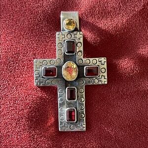Dan Dodson Signed Navajo Citrine and Garnet Sterling Cross Pendant